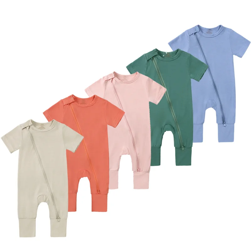 2023 Детский комбинезон из бамбукового волокна, одежда для мальчиков и девочек, комбинезон на диагональной молнии для новорожденных, однотонная детская одежда с короткими рукавами 0-18 м