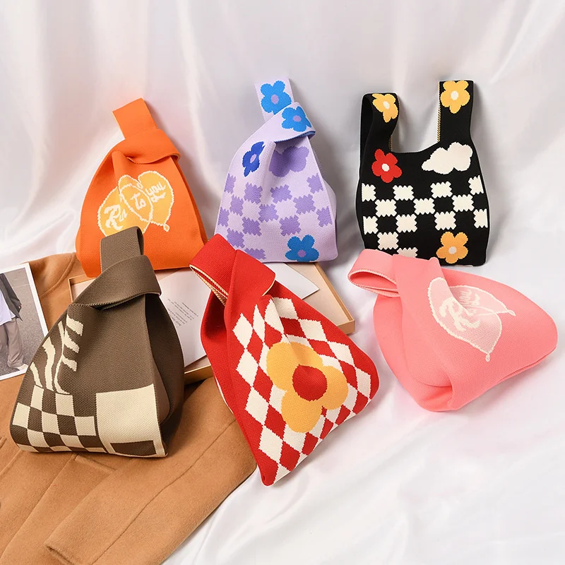 Женская вязаная сумка в корейскую клетку с блокировкой цвета, новая модная сумочка на выход, портативная сумочка, цветочная сумка крючком