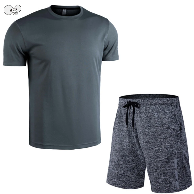 Мужские футболки + шорты из быстросохнущей сетчатой ткани, комплекты для бега, летняя спортивная одежда, Дышащая одежда, Тренировочный зал, спортивные костюмы для фитнеса