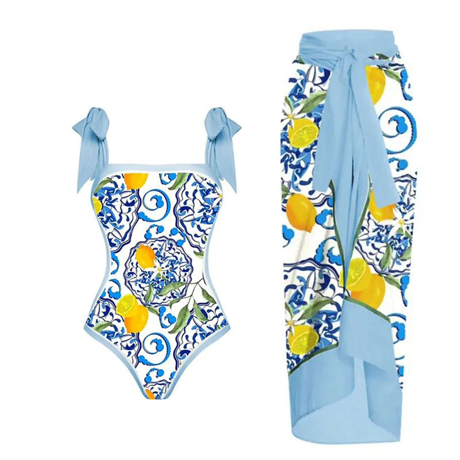 Женский винтажный купальник с лимонным принтом, цельнокроеные купальники + цельнокроеное платье, закрывающее купальник из двух частей с винтажным принтом, монокини-бикини 2