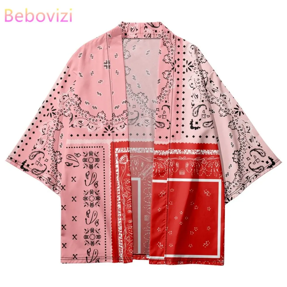 Плюс размер, модное розовое кимоно с геометрическим принтом Пейсли, 2023, Японские женщины, Мужские Летние пляжные кардиганы, рубашки Юката Хаори, топ