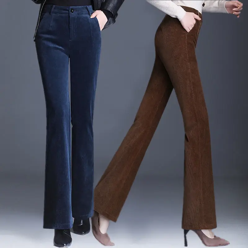 Толстые плюшевые вельветовые расклешенные брюки, повседневные брюки, женские теплые осенне-зимние брюки, Тонкие прямые брюки с высокой талией, однотонные брюки C32