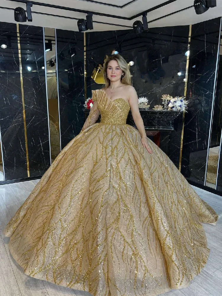 Золотое бальное платье Вечерние платья с длинным рукавом и V Образным вырезом, аппликации из бисера, 3D Кружевные оборки, блестящие платья для выпускного вечера на заказ