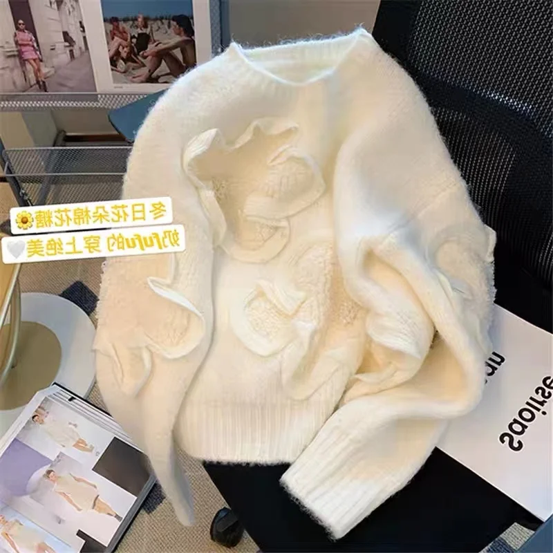 2022 Женская Осень Зима Корейская Мода 3D Цветочный Дизайн Сладкие Свитера С Оборками Свободные Теплые Ретро Женские Пуловеры С Круглым вырезом Mujer