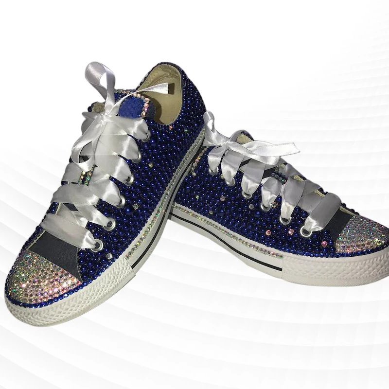 Темно-синяя парусиновая обувь с низким берцем, жемчужная лента, Удобные кроссовки для ходьбы, Вулканизированная обувь ручной работы с жемчугом и стразами 35-46