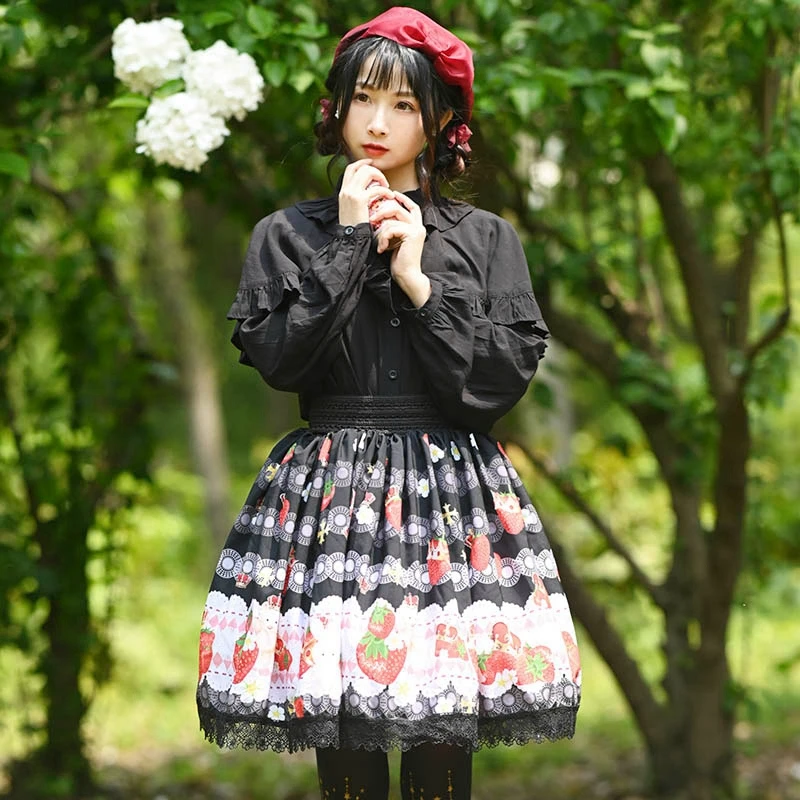 Черная Кружевная юбка в стиле Лолиты Ainclu Kawaii с клубничной короной, платье с принтом Медведя и кролика