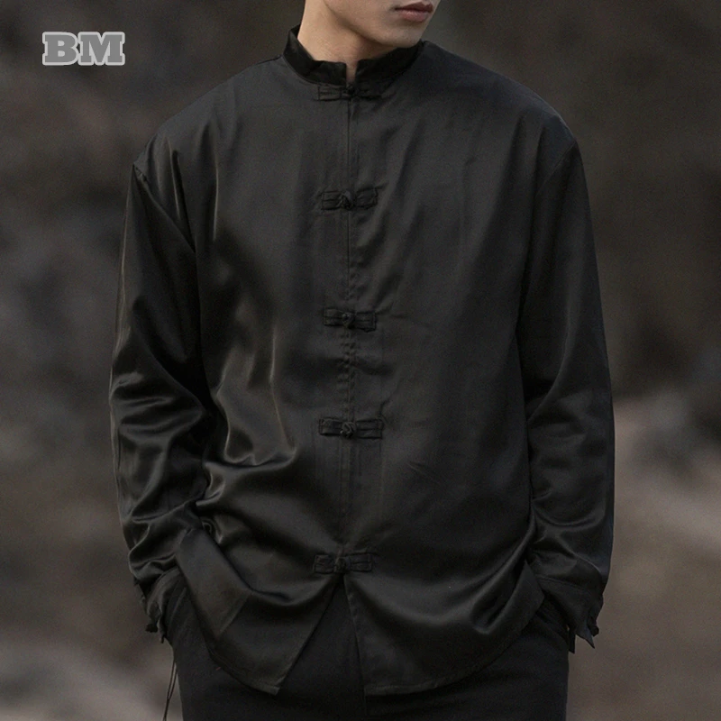 Весенне-осеннее Китайское Традиционное платье, костюм Тан, мужская одежда, Винтажная Черная рубашка с длинным рукавом Плюс размер, пальто для Тайцзи Кунг-фу