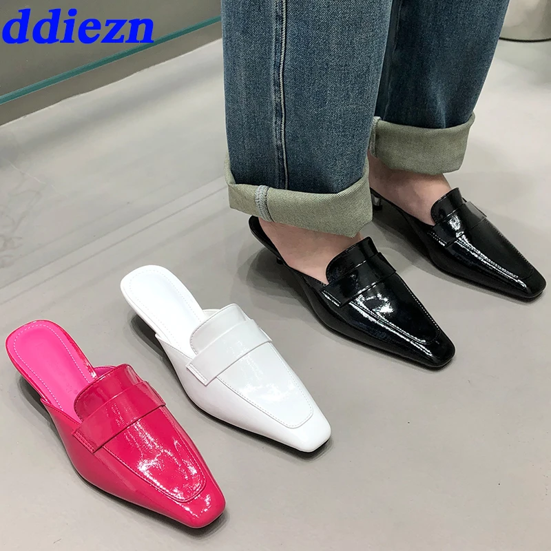 2023 Модные женские туфли на круглом каблуке, туфли-шлепанцы, квадратный носок, женские босоножки на среднем высоком каблуке, слайды, Обувь без застежки