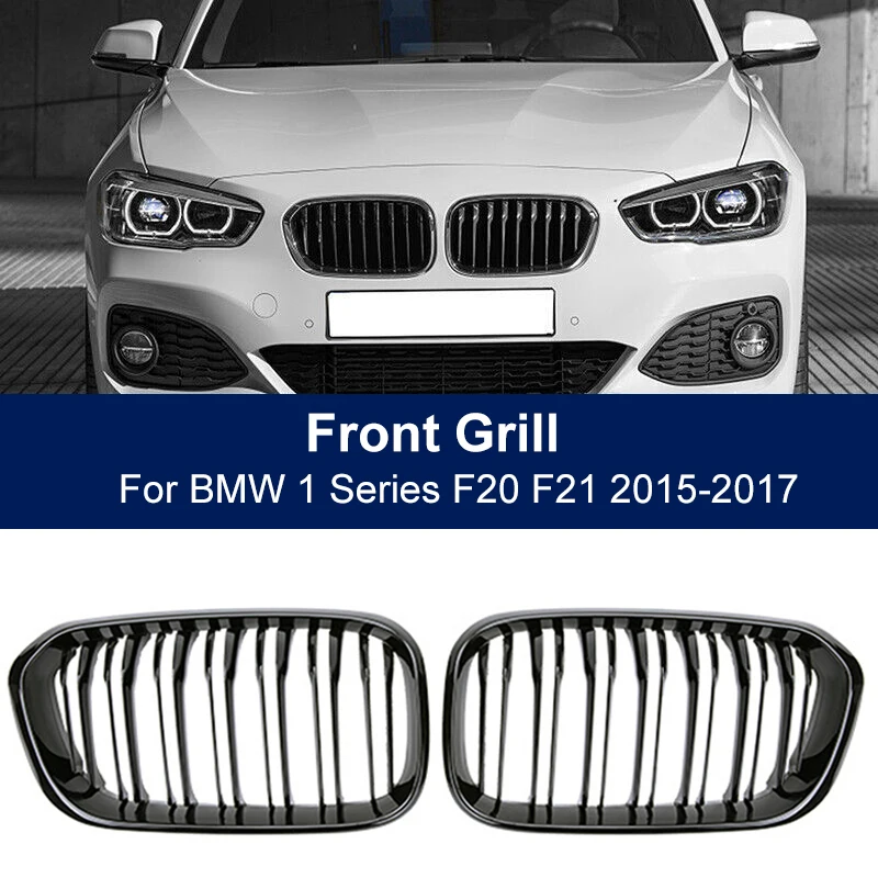 Решетки переднего бампера автомобиля Двойная линия глянцевого черного цвета для BMW 1 серии F20 F21 2015-2017