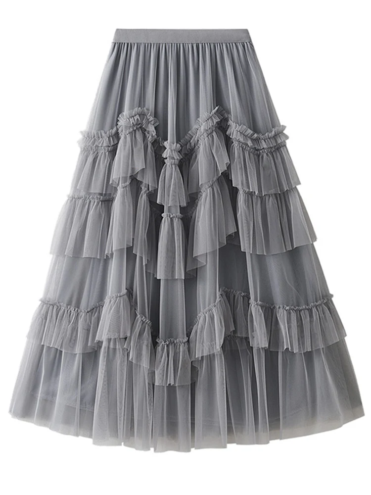 SURMIITRO, модная Многоуровневая фатиновая юбка Макси, Женская 2023, Корейская повседневная Однотонная Универсальная юбка трапециевидной формы с высокой талией, плиссированная длинная юбка, женская