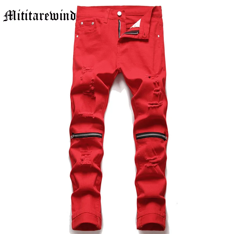 Летние мужские красные джинсы в стиле панк, узкие брюки-карандаш на молнии, уличные Рваные мужские брюки, прямые хип-хоп Y2k, потертые