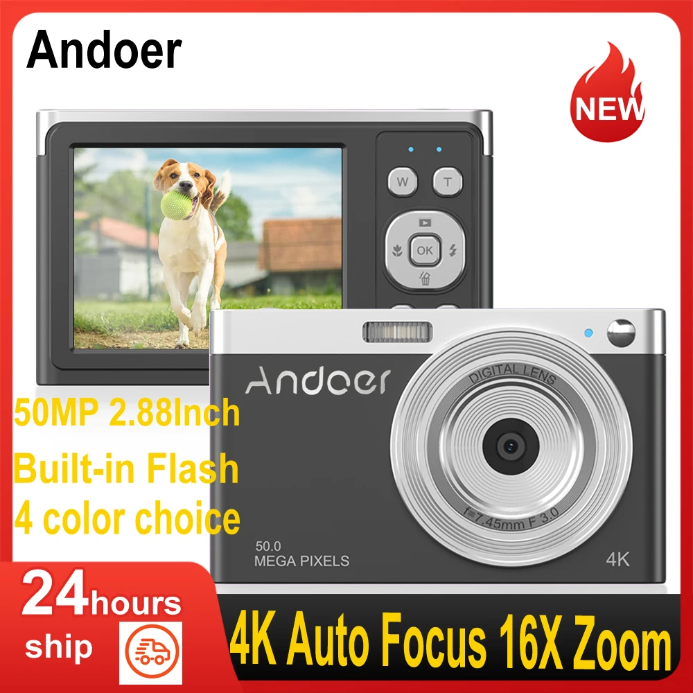 Цифровая Камера Andoer 4K Видеокамера 50 Мп 2,88-Дюймовый IPS-Экран С Автоматической Фокусировкой и 16-Кратным Зумом, Встроенная Вспышка с Сумкой Для Переноски, Ремешок для Запястья