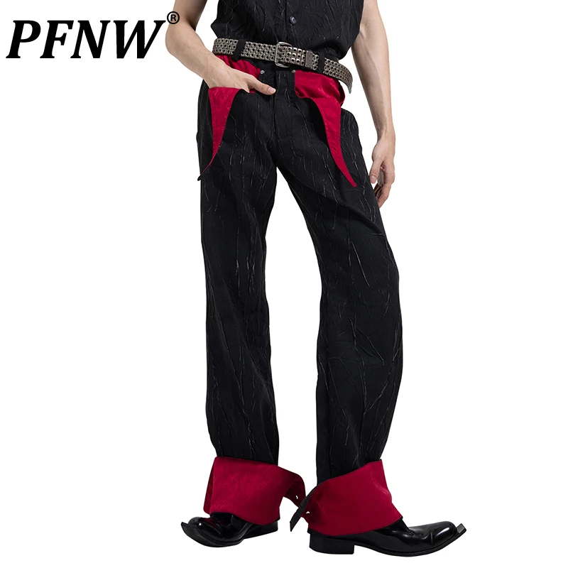 PFNW Весенне-осенний мужской шикарный контрастный костюм в стиле пэчворк, брюки авангардного дизайна, свободные высококачественные брюки-клеш на молнии 28A0135