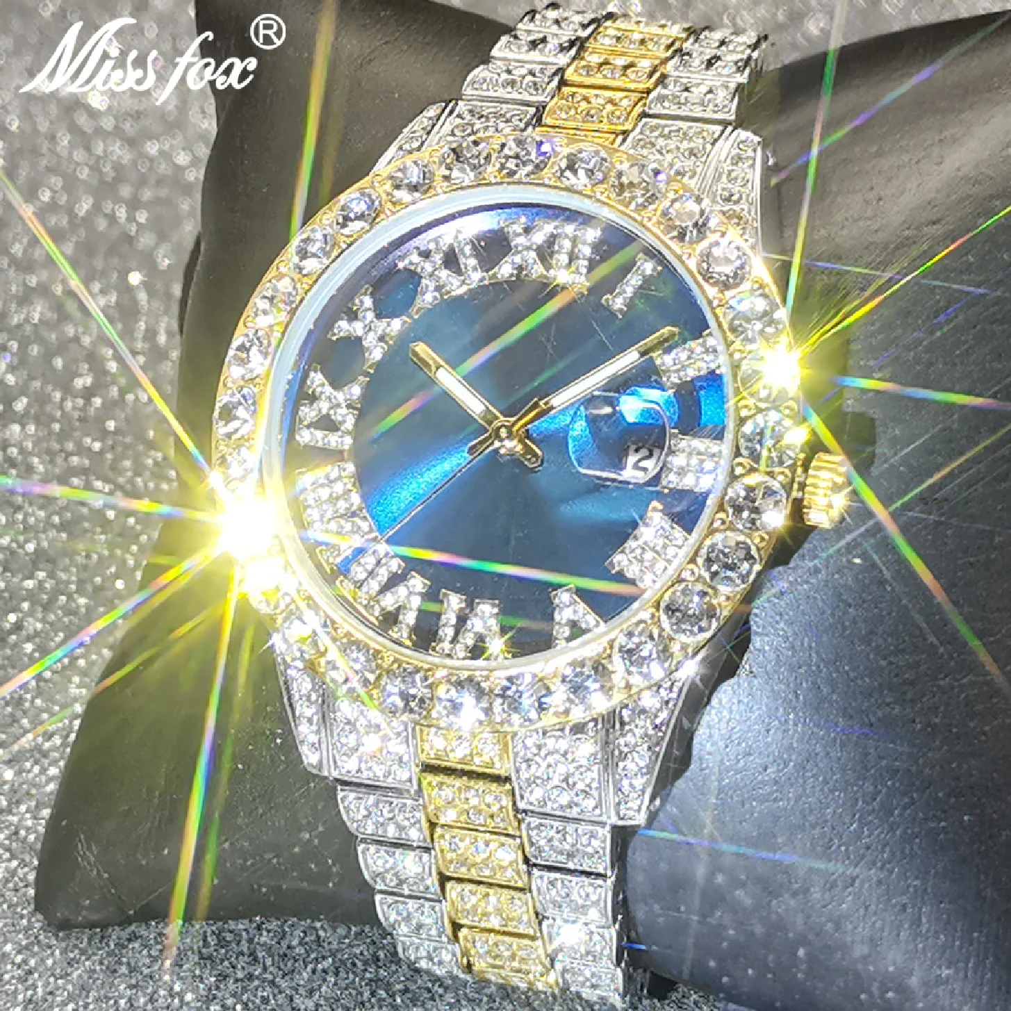 Новые классические Роскошные мужские часы в стиле хип-хоп С круглым синим циферблатом, кварцевые наручные часы с блестящими украшениями, Водонепроницаемые Relogio Masculino
