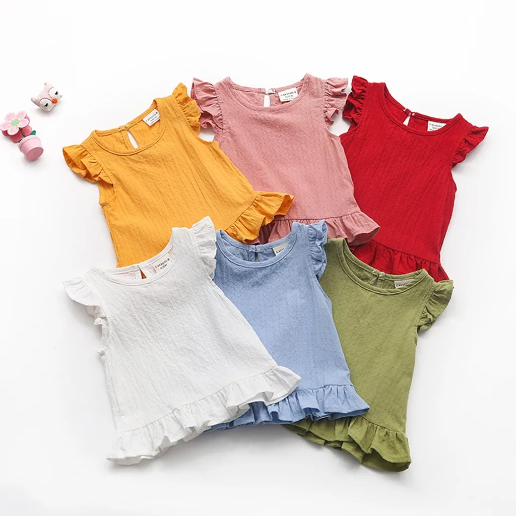 Хлопковая футболка для новорожденных девочек и мальчиков от 0 до 6 лет, летние топы с летящими рукавами, футболка с рюшами, однотонная эластичная цветная одежда
