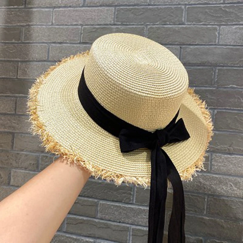 Панама, пляжные летние соломенные шляпы для женщин, плоский верх, лента с бантом, Элегантные Роскошные соломенные женские летние шляпы Sombreros De Mujer