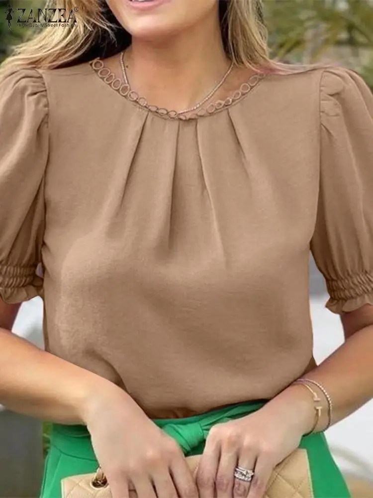 2023 ZANZEA Летние Элегантные Рабочие топы OL, Женская плиссированная блузка с круглым вырезом и коротким рукавом, сорочка оверсайз, женская мода, Повседневные блузки