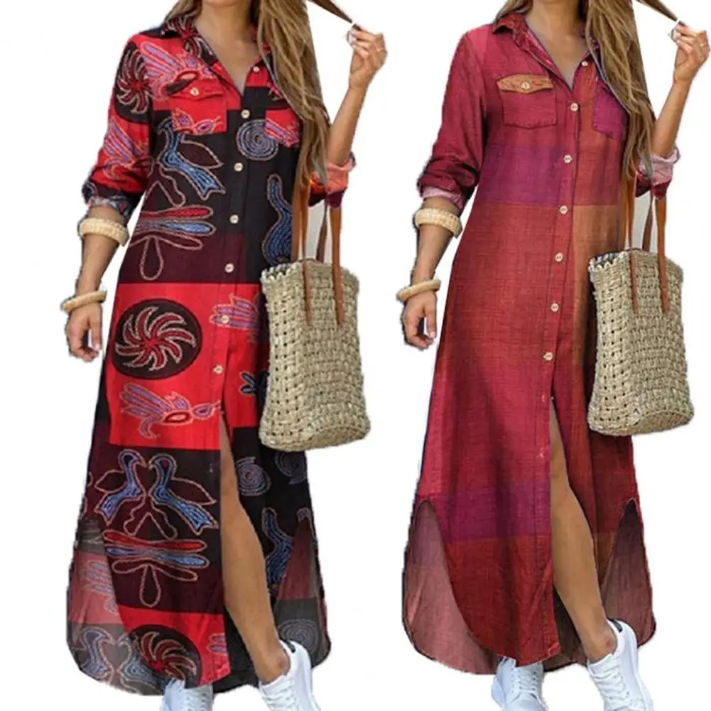 Шикарное модное платье, одежда с лацканами, платье-рубашка макси с длинным рукавом и принтом, повседневное платье для покупок